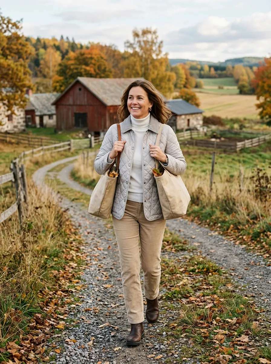 Quilted khaki barn jacket over an ivory turtleneck and sand straight-leg corduroy trousers