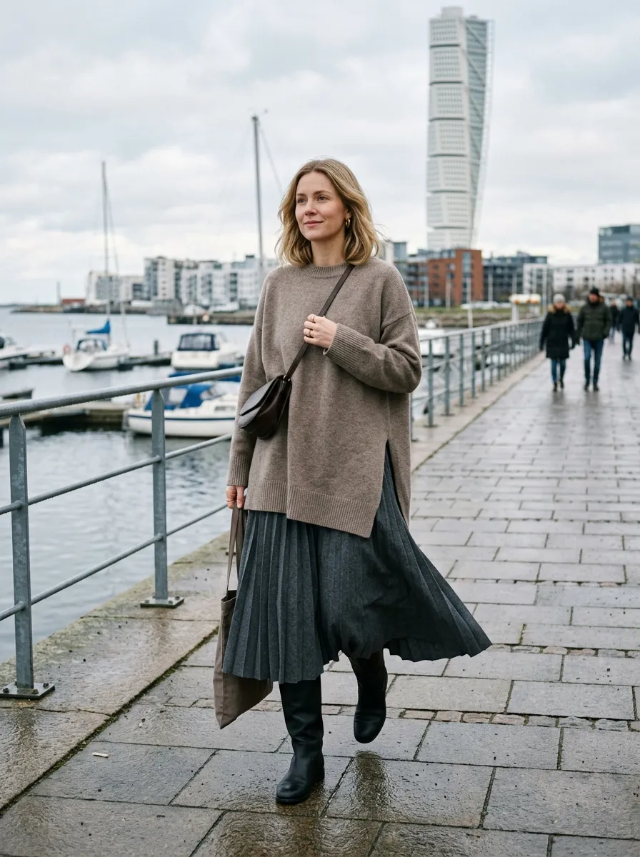 Woman wearing a longline oatmeal slit-hem tunic sweater over a pleated taupe wool midi skirt with knee-high boots