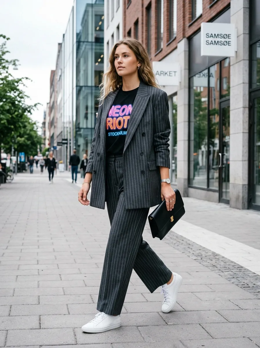 Neon-lettering tee tucked into a charcoal pinstripe suit with white sneakers