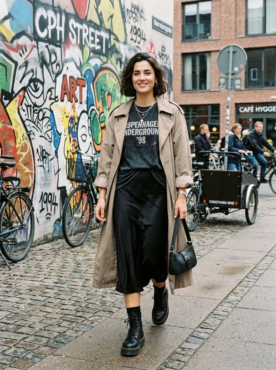 Woman wearing an unbuttoned trench coat over a longline quilted vest with a merino sweater and grey trousers