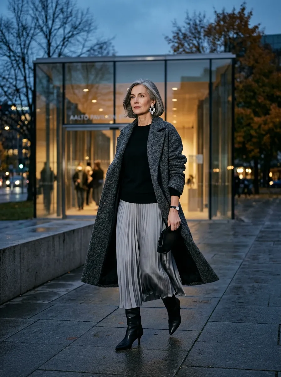 Woman in a charcoal boucle coat open over a fine knit top and champagne silk slip skirt