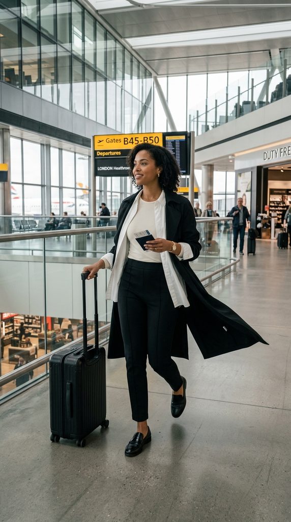 Woman in matte black leggings with a boxy white scuba-knit sweatshirt and a black nylon jacket