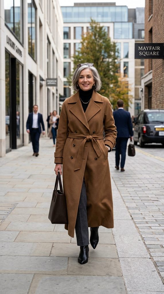 Woman wearing a rust brushed flannel shirt open over a cream tank with wide-leg moss corduroy trousers and suede boots