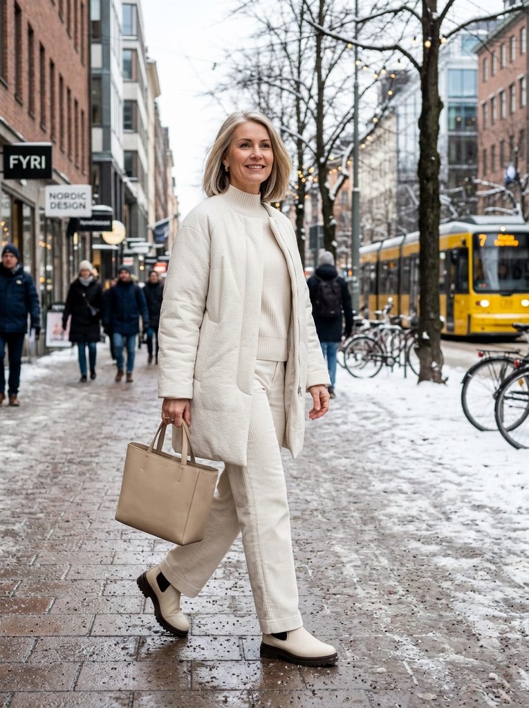 Woman wearing straight-leg slate grey jeans with an oversized heather grey fisherman rib turtleneck and charcoal Chelsea boots