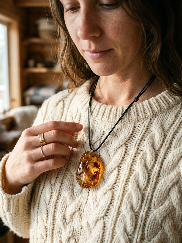 Angular geometric signet ring worn on the index finger with a tailored wool coat