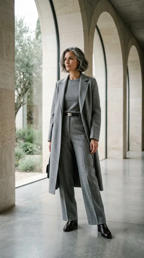 Woman in a long white cotton poplin tunic worn over wide navy wool flannel culottes with black loafers