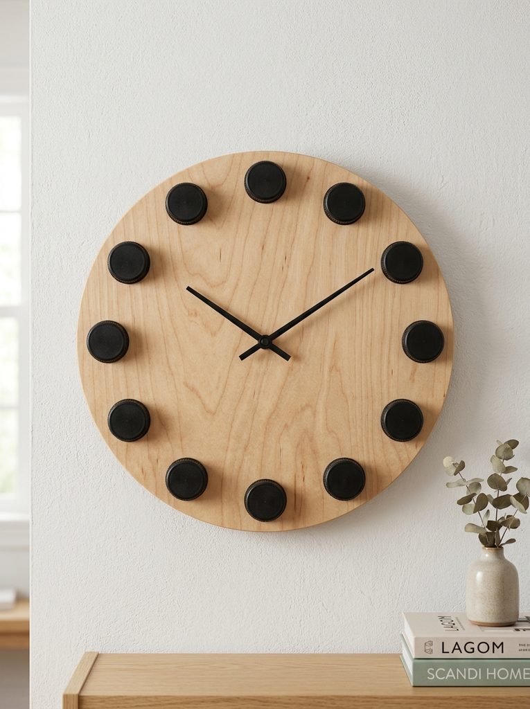 Minimalist round wooden wall clock using twelve plastic bottle caps as hour markers
