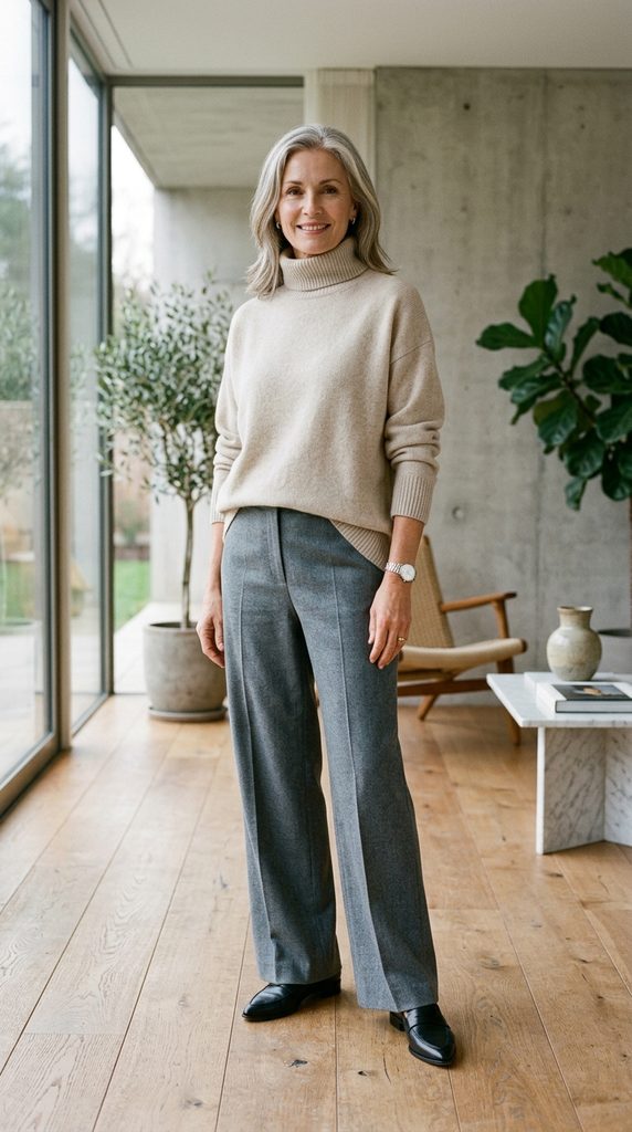 Woman wearing a matching camel knit lounge set of wide-leg pants and mock-neck top under a long wool duster coat