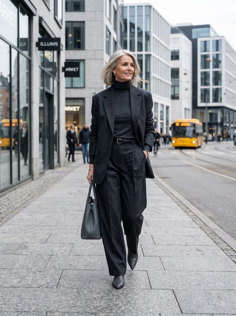 Woman wearing a longline black washed-silk tunic over cropped black cigarette pants with pointed leather mules