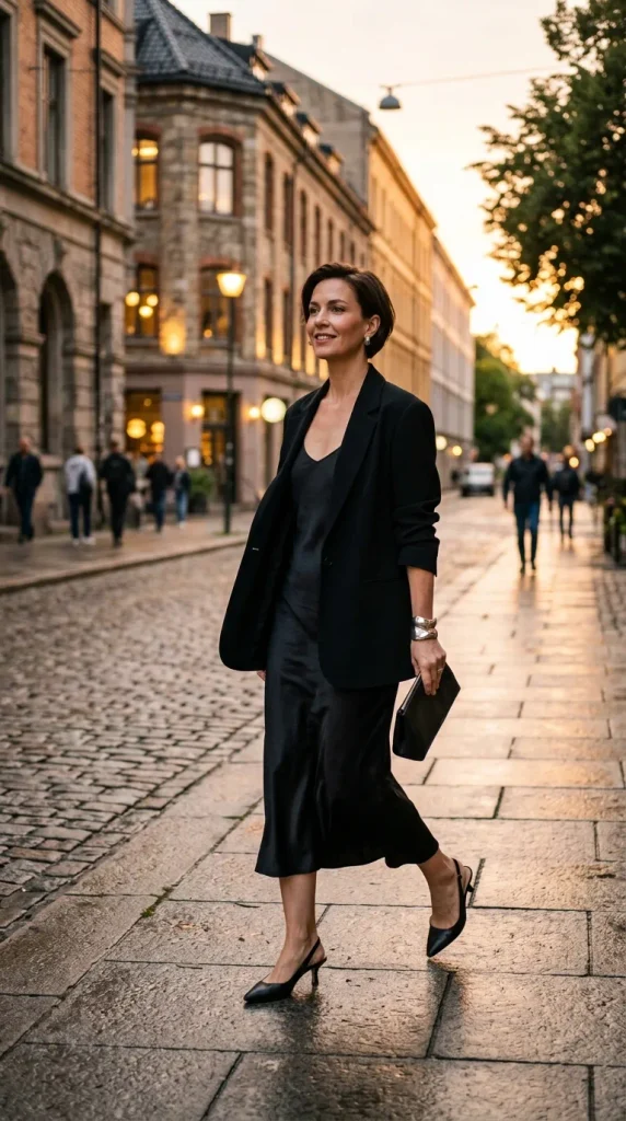 Woman wearing a crisp white summer blazer with oatmeal wide-leg linen trousers in bright daylight