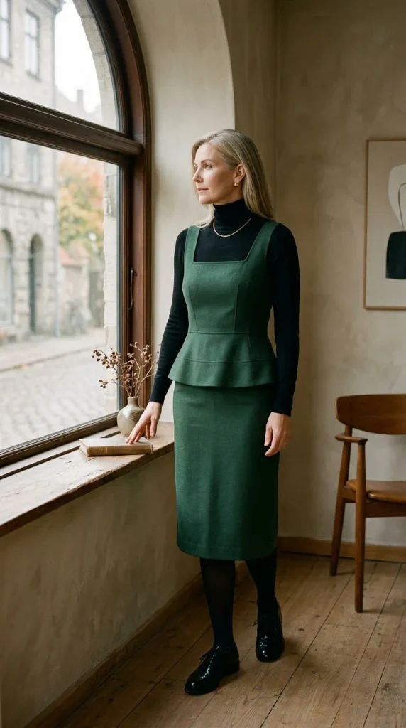 Woman wearing a charcoal wool blanket wrap belted at the waist over a tailored A-line Melton wool skirt with tall boots