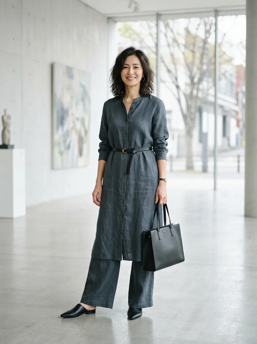 Charcoal linen tunic dress worn open over matching wide-leg tailored trousers