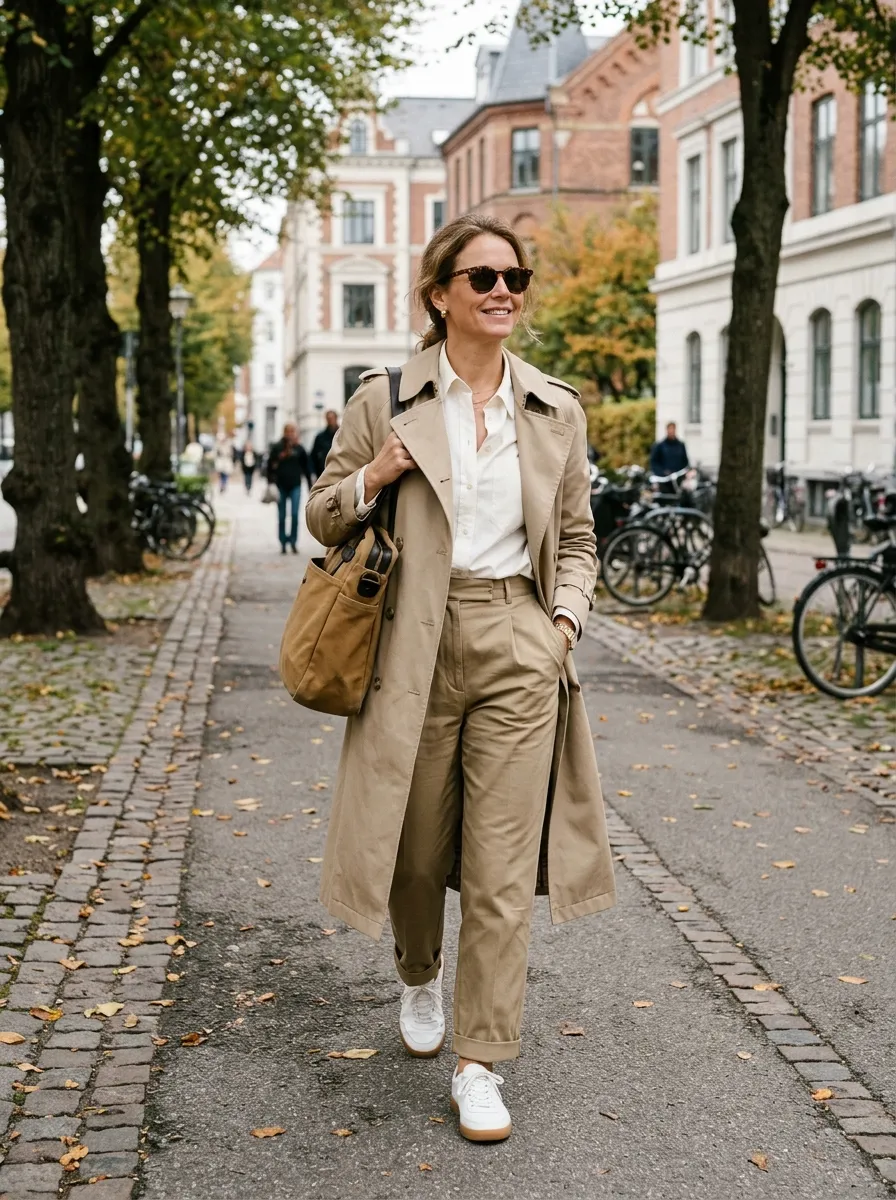 Long double-faced camel wool coat worn open over a cream ribbed top and cream trousers