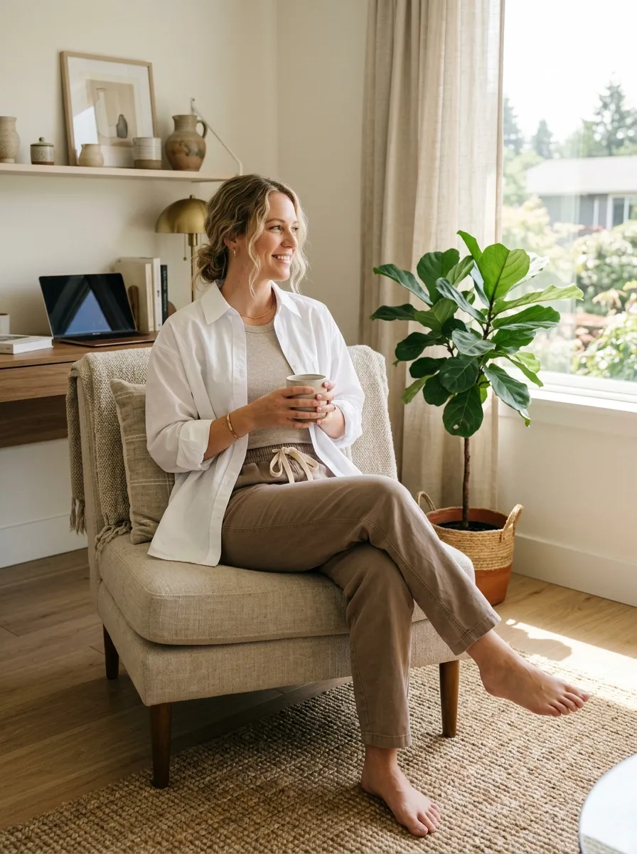 Open white cotton poplin shirt worn over a beige ribbed tank with relaxed taupe drawstring trousers