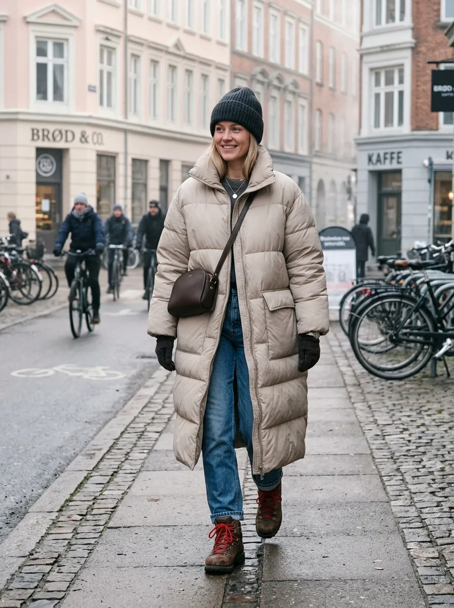 Woman in a long matte black down duvet puffer coat with straight-leg washed jeans and leather hiking boots