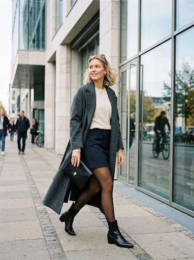 Chunky ivory cable-knit sweater front-tucked into a camel wool A-line mini skirt with knee-high riding boots