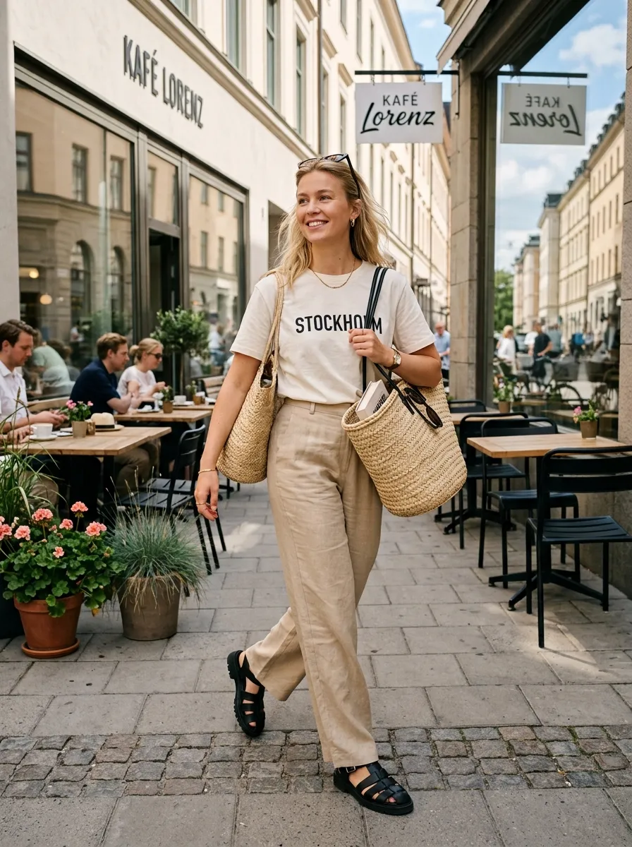 Off-white typography tee French-tucked into wide-leg sand linen trousers and leather sandals