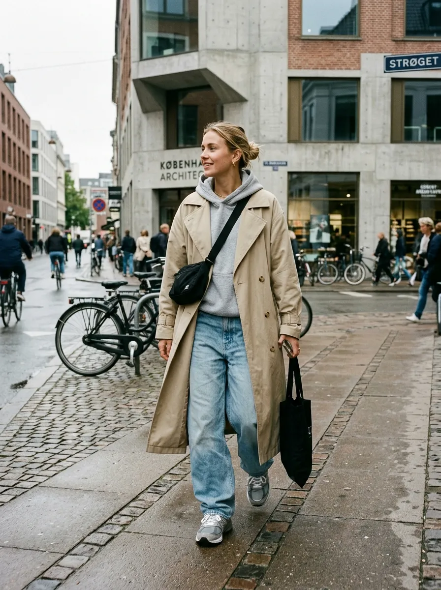 Woman in a sand trench coat layered over a grey hoodie with wide-leg light-wash jeans and chunky sneakers