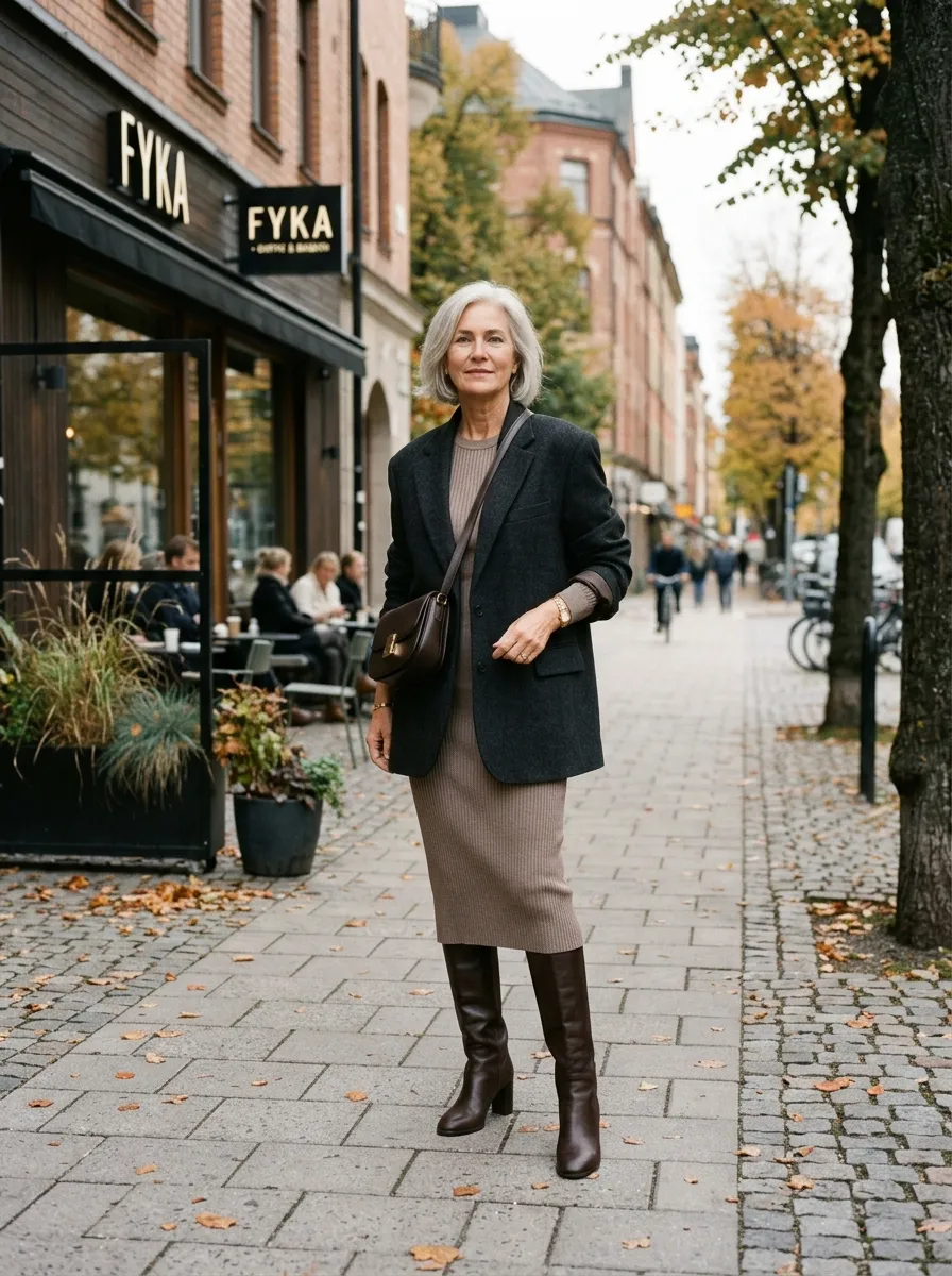 Woman wearing a camel trench coat open over an all-white poplin shirt and straight-leg trousers