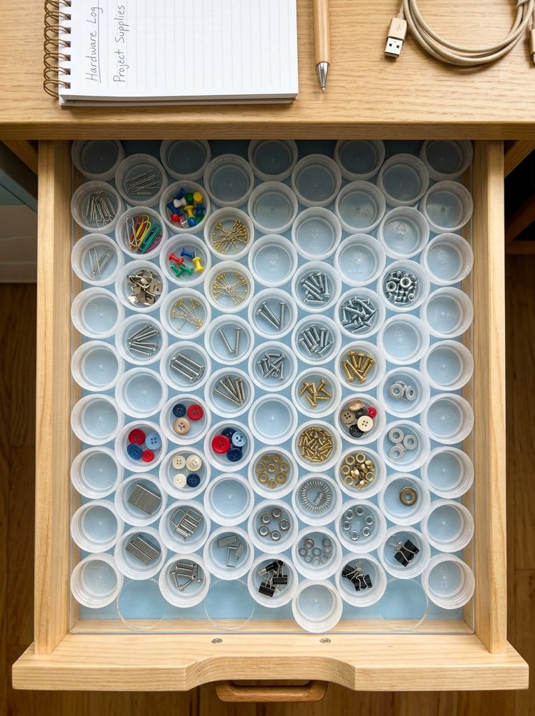 Shallow drawer organiser tray lined with rows of wide plastic bottle caps holding small items