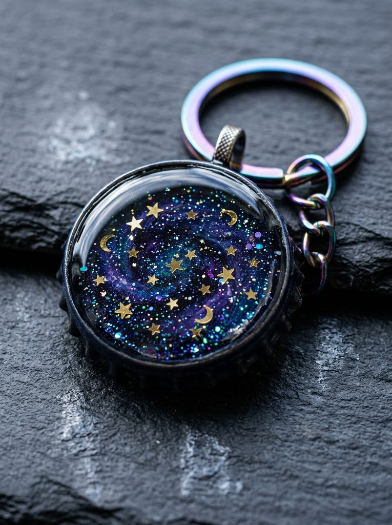 Layered glitter and star foil galaxy design suspended in resin inside a dark bottle cap