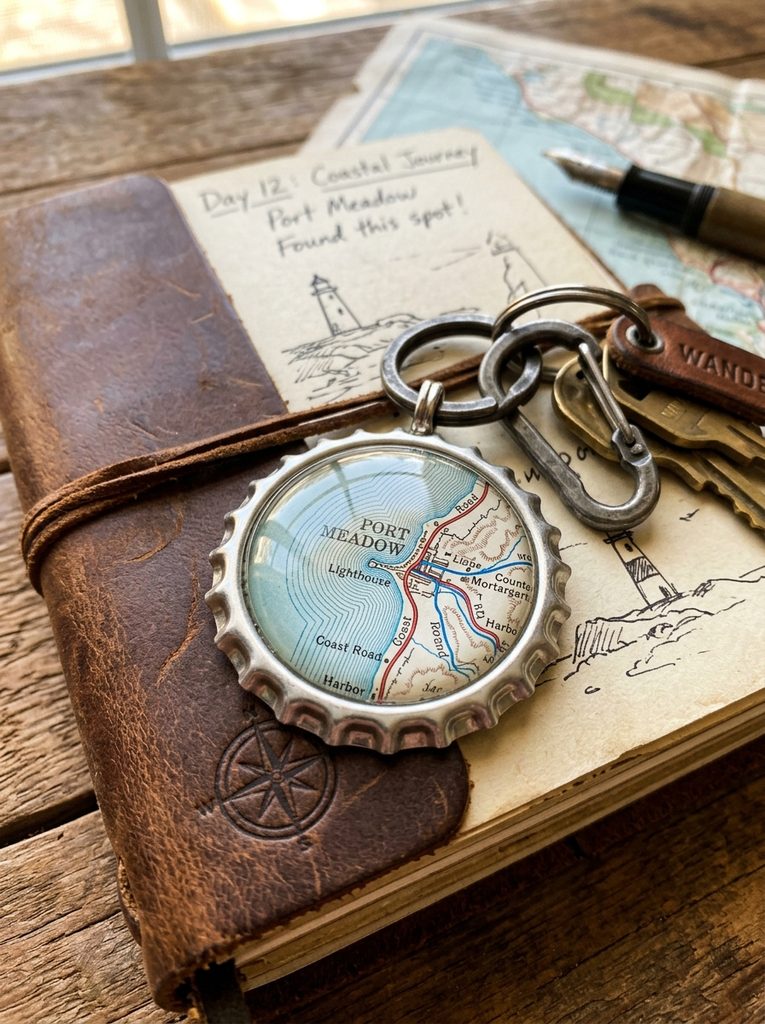 Vintage road map circle sealed under an epoxy dome in a metal bottle cap keychain