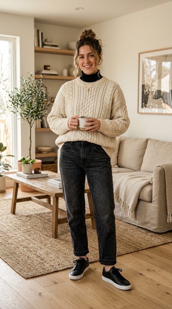 Woman wearing a black denim trucker jacket over a heavyweight white t-shirt with black straight-leg jeans