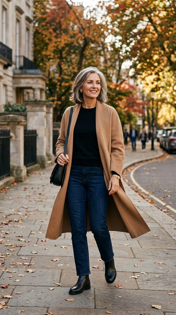 Woman wearing an emerald silk twill blouse under an open charcoal alpaca cocoon cardigan with dark crepe trousers