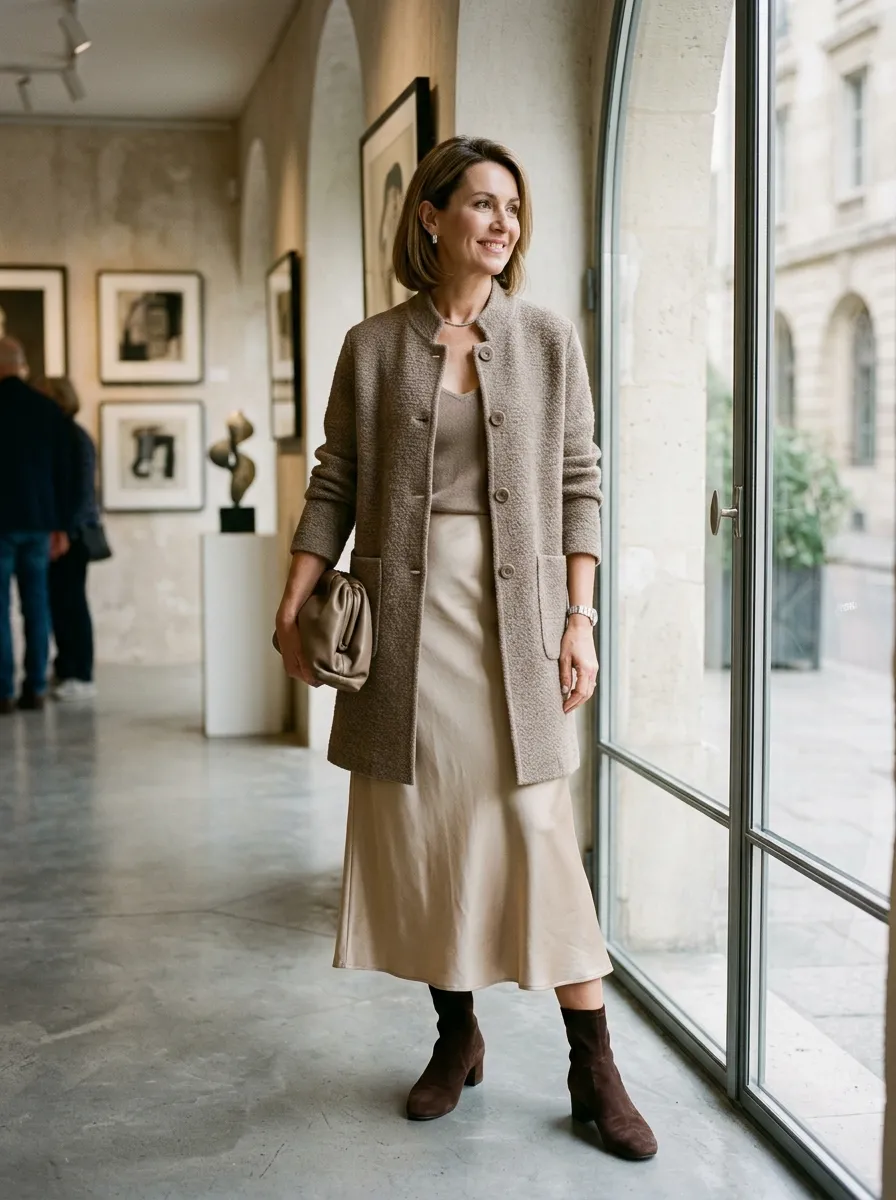 Sand-coloured trench coat over an ecru poplin shirt and double-pleated khaki slacks