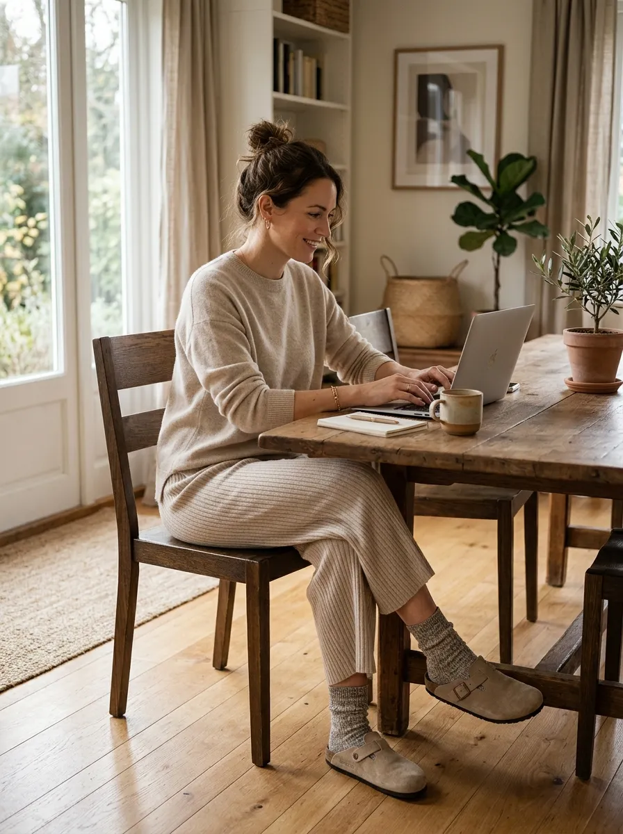 Oatmeal cashmere crewneck sweater draped over cream ribbed knit culottes with undyed marled wool socks