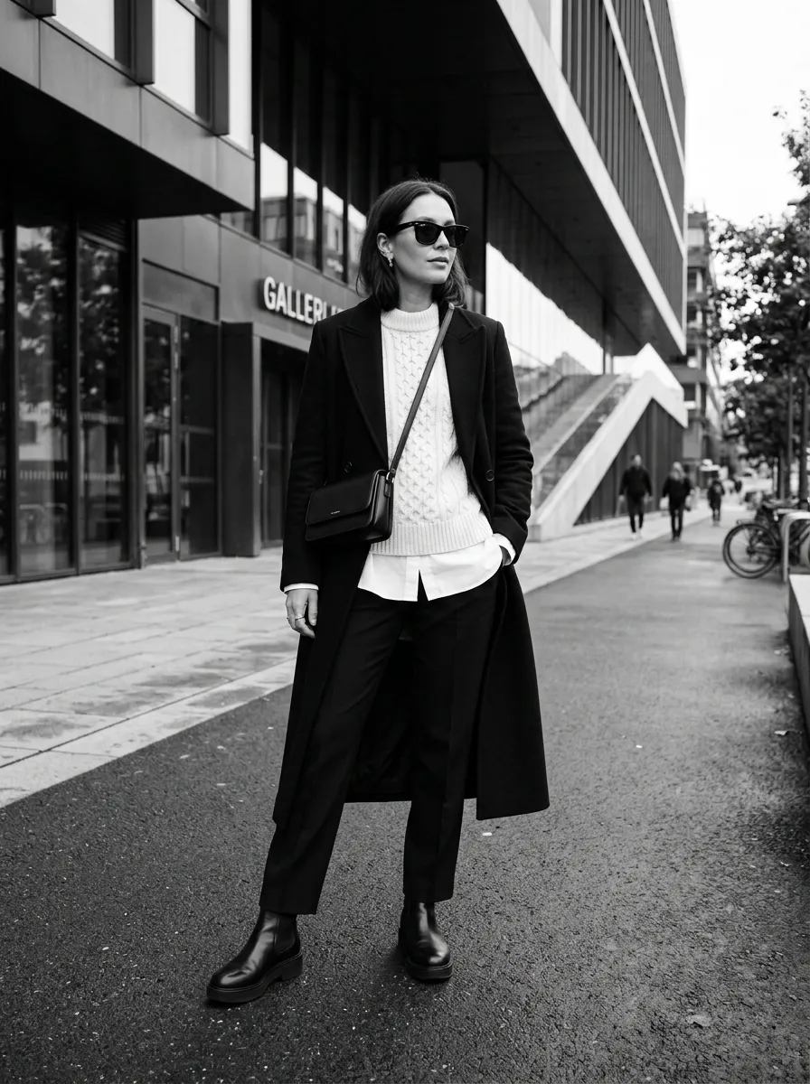 Woman wearing an oversized black wool coat over a cream cable-knit sweater and white shirt with black tailored trousers