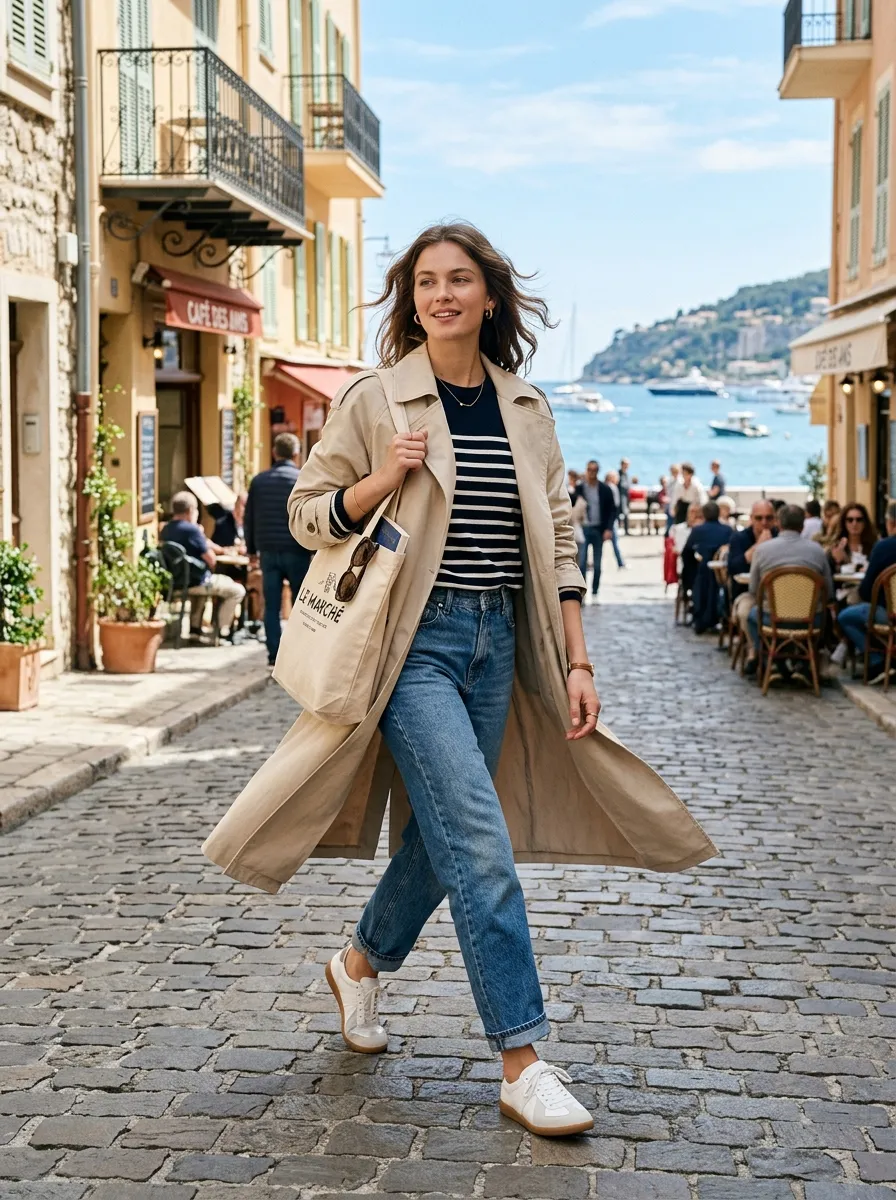 Woman wearing a beige trench coat over a sky-blue button-down shirt tucked into charcoal pleated trousers
