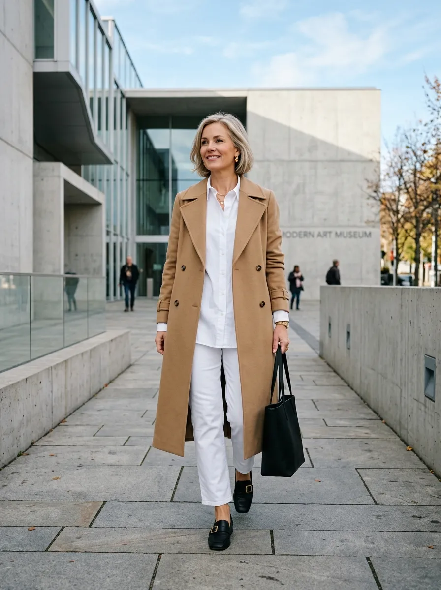 Woman in a taupe ribbed knit midi dress with an oversized charcoal wool blazer and knee-high boots