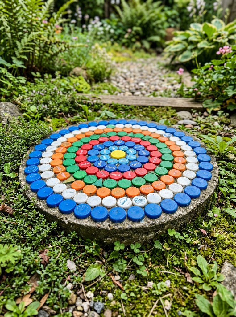Round concrete garden stepping stone decorated with colourful bottle caps set into its surface