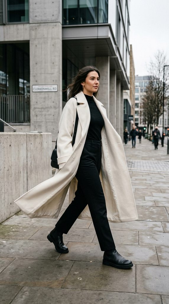 Woman wearing a black shearling-lined leather aviator jacket with an ivory boiled-wool sweater and black wool trousers