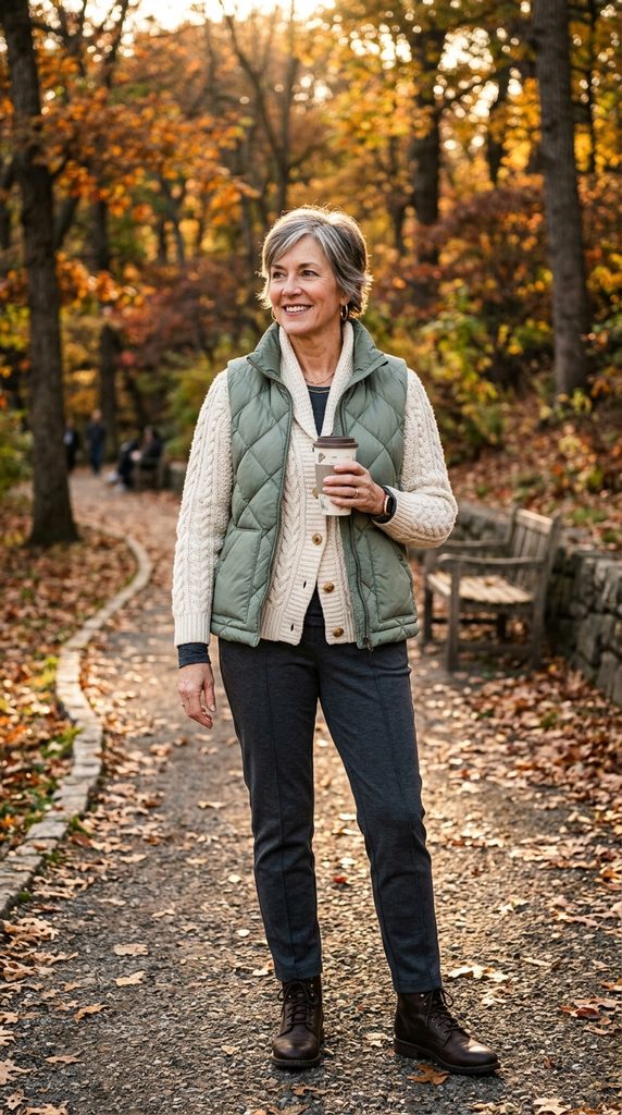 Woman wearing a navy boiled wool chore jacket with four pockets over a fine ribbed tee and relaxed natural linen trousers
