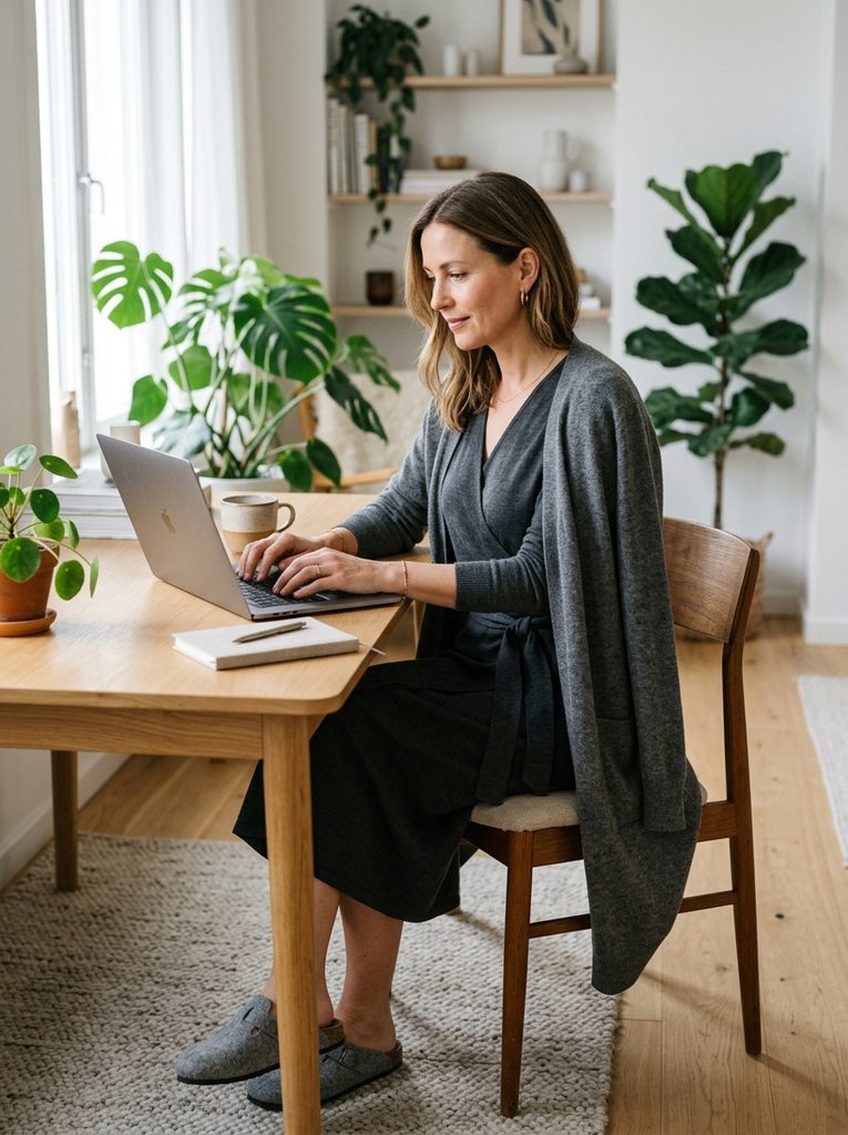 Woman wearing a tailored ponte knit jumpsuit with a long open linen duster coat over it