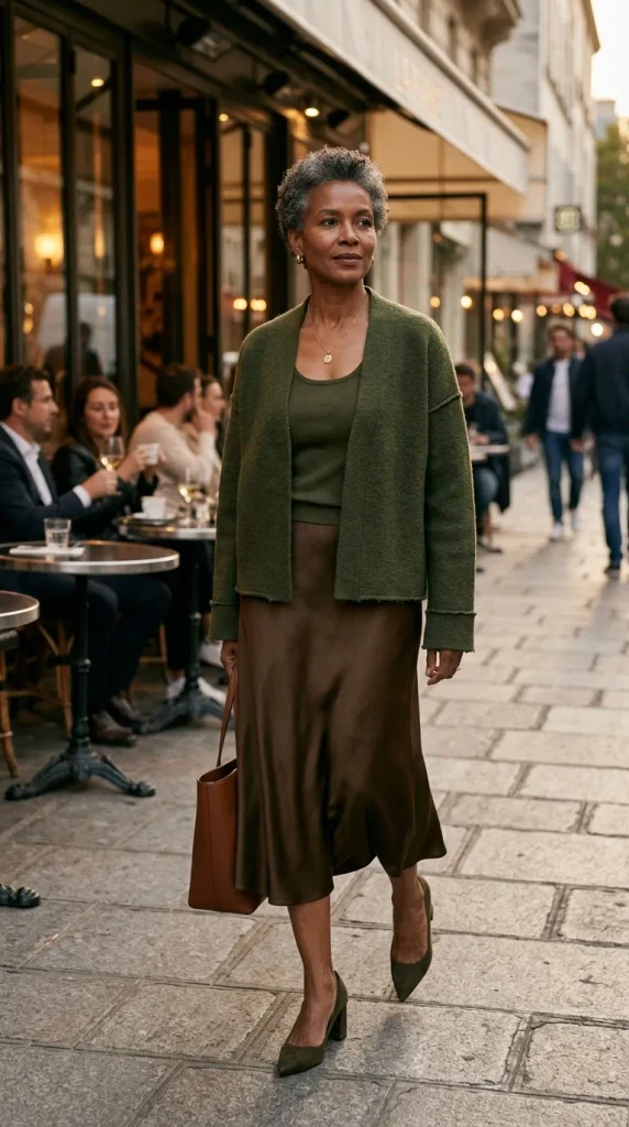 Woman wearing a soft dove grey cashmere crewneck sweater with charcoal pleated wool trousers