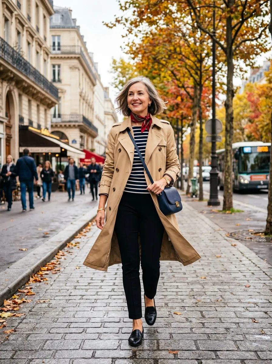 Soft oatmeal cashmere V-neck sweater French-tucked into a forest green accordion pleated midi skirt