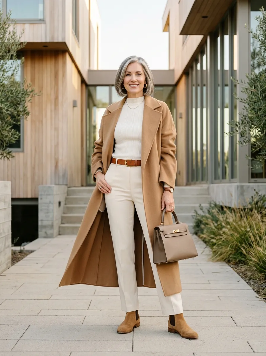 Taupe boiled-wool cardigan coat layered over a champagne silk midi skirt and suede boots