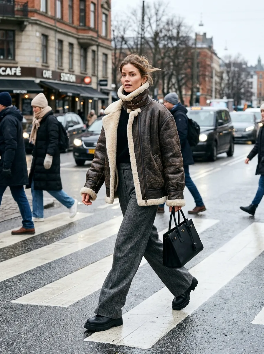 Woman in a soft oat cashmere knit sweater and matching wide-leg knit trousers under a structured chocolate wool coat