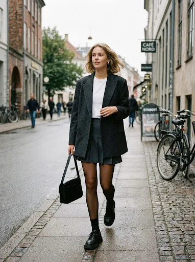 Forest green half-zip pullover with a white pleated tennis mini skirt, crew socks and chunky sneakers