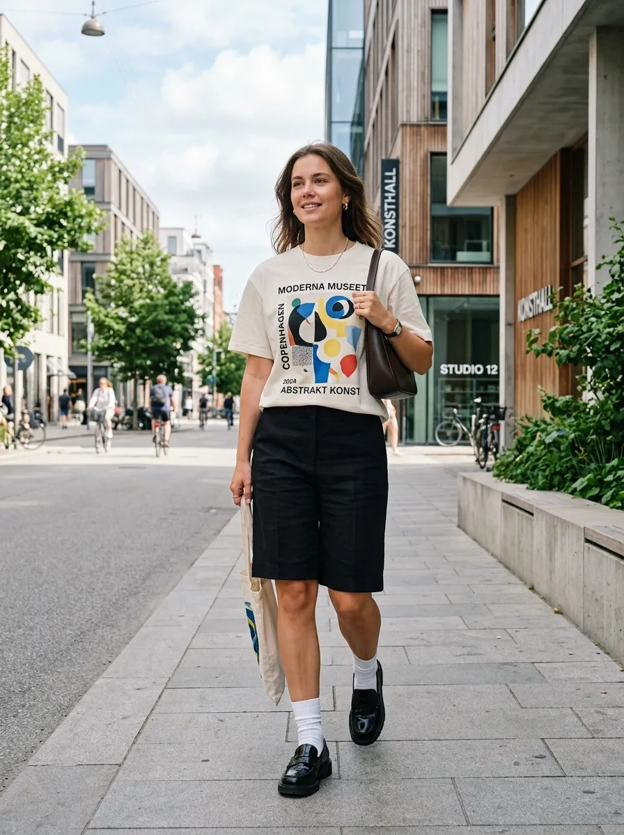 Cream art print tee tucked into pleated Bermuda shorts with chunky loafers and white socks