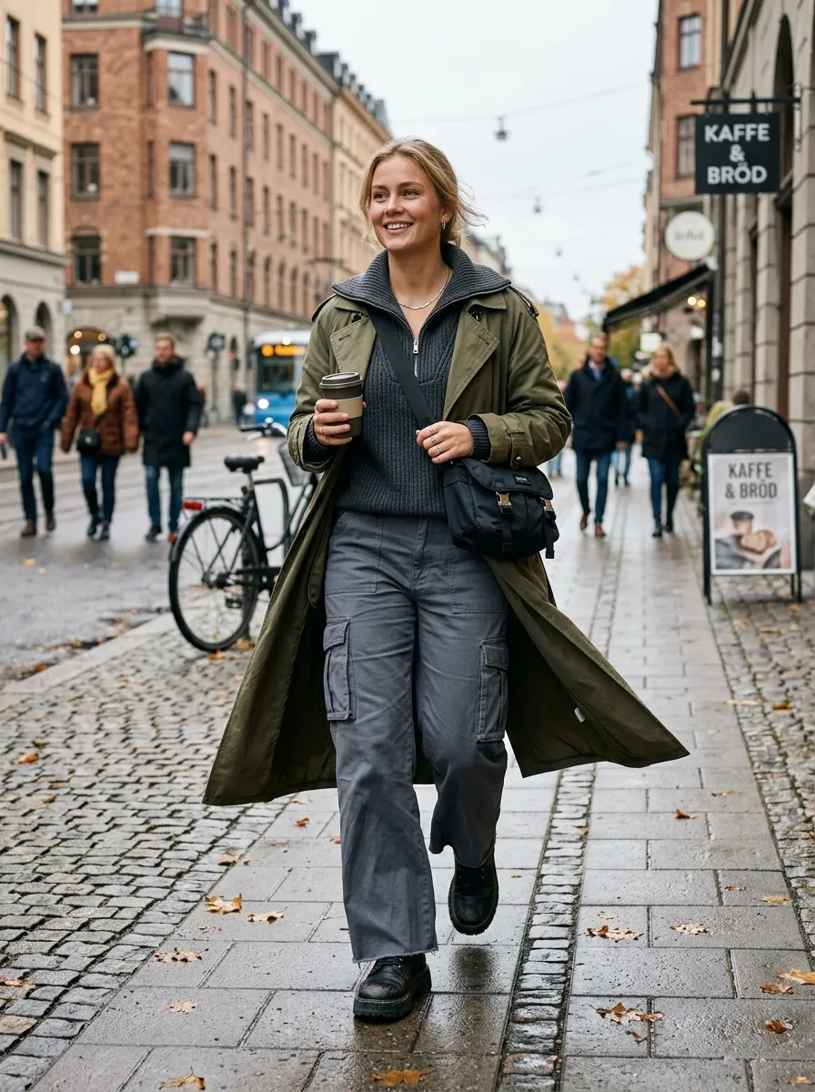 Woman in a honey-beige trench coat over a fitted black turtleneck and straight ecru jeans with black ankle boots
