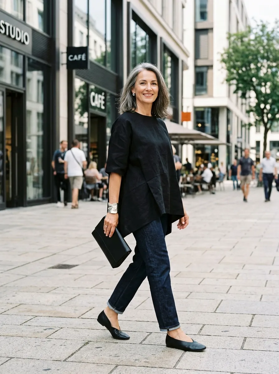 Woman wearing an asymmetrical black tunic over dark indigo straight-leg raw denim jeans