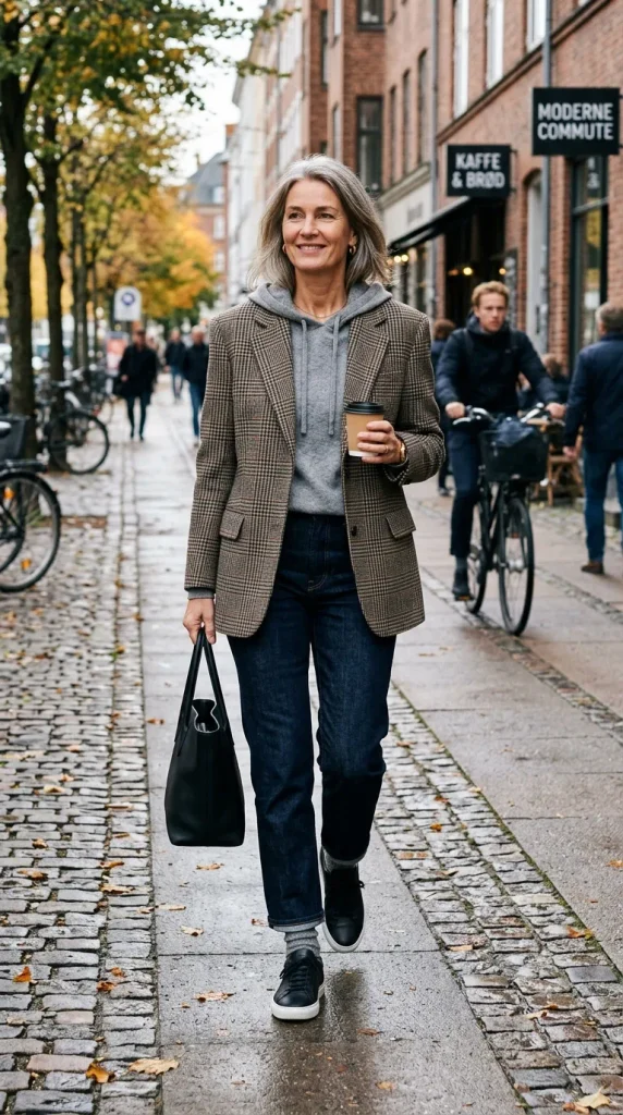 Woman wearing a traditional checked wool blazer layered over a fine-gauge hooded cashmere sweatshirt with charcoal trousers