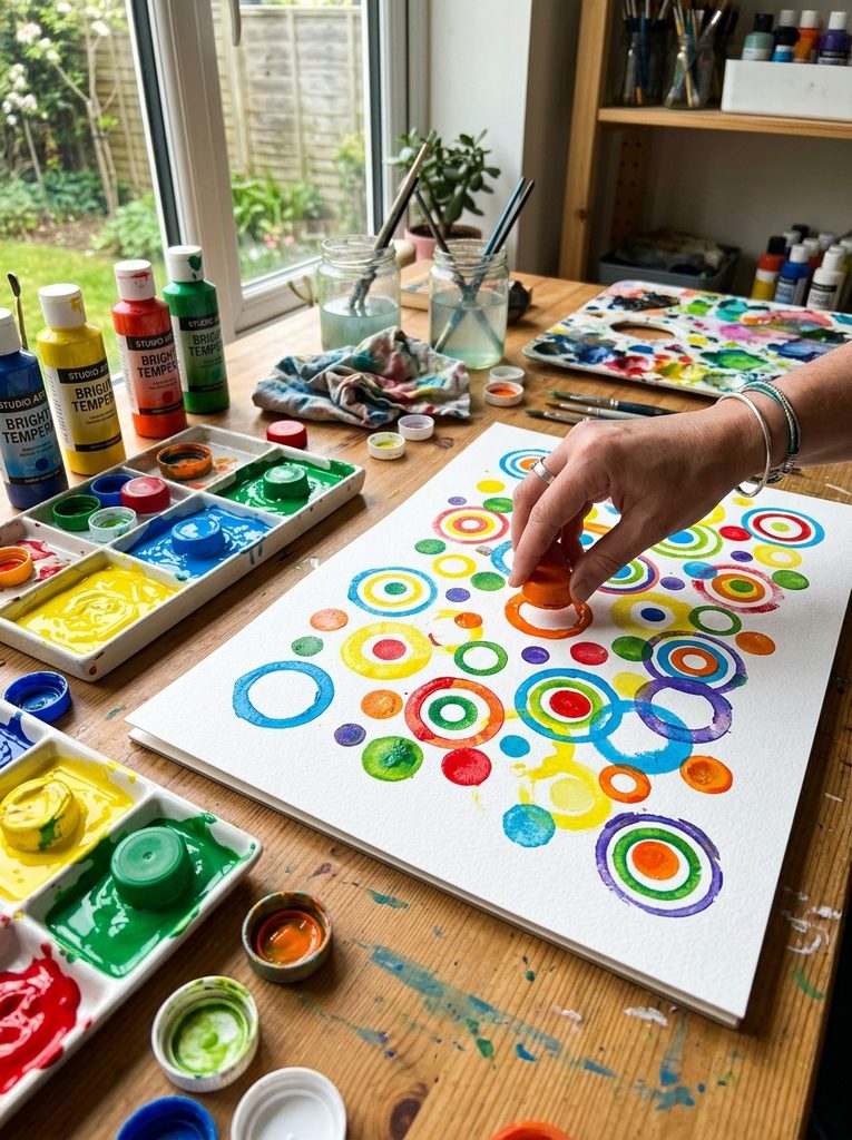 Child stamping colourful circles and patterns on paper using bottle caps dipped in tempera paint