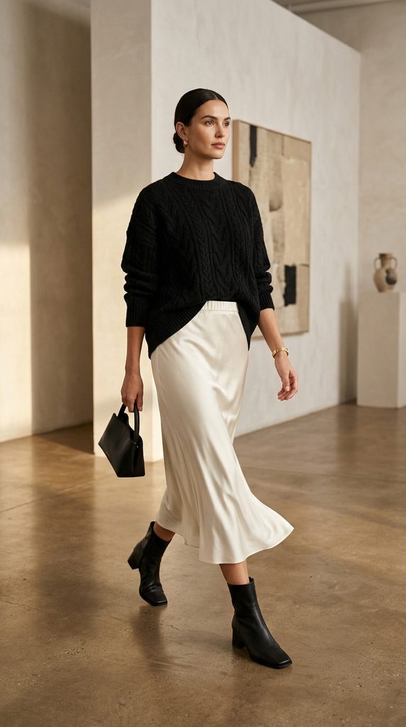 Woman wearing wide-leg black culottes with a boxy white architectural poplin blouse and an asymmetric black vest