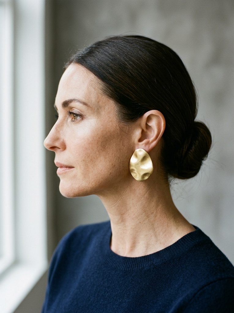 Sculpted modernist silver brooch pinned to the heavy wool lapel of a winter coat