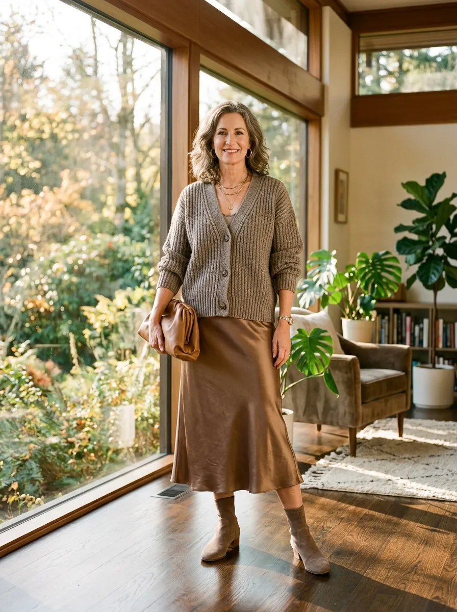 Classic honey trench coat open over a navy and ivory Breton stripe top with black ankle trousers